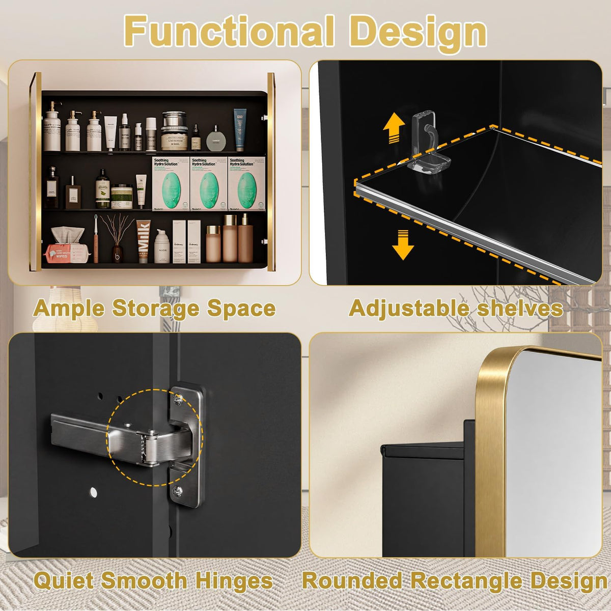 32x24 in Brushed Gold Double Door Medicine Cabinet with Mirror | Fully Assembled; Recessed or Surface Wall Mount;