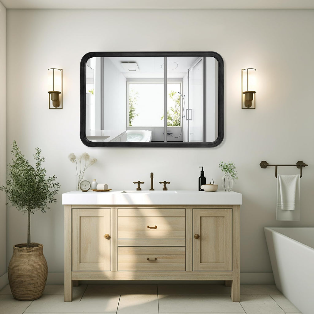Wood Bathroom Mirror for Wall 24x36 Inch Wooden Frame Rectangle Mirror for Farmhouse Bathroom Vanity Wall Mounted