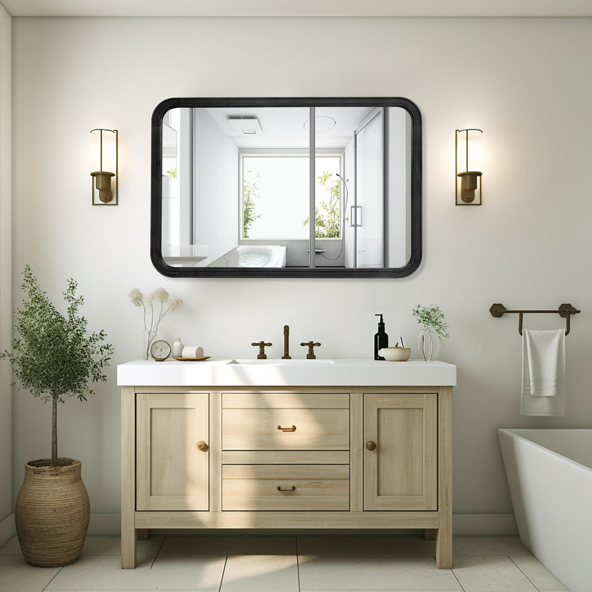 Wood Bathroom Mirror for Wall 24x36 Inch Wooden Frame Rectangle Mirror for Farmhouse Bathroom Vanity Wall Mounted