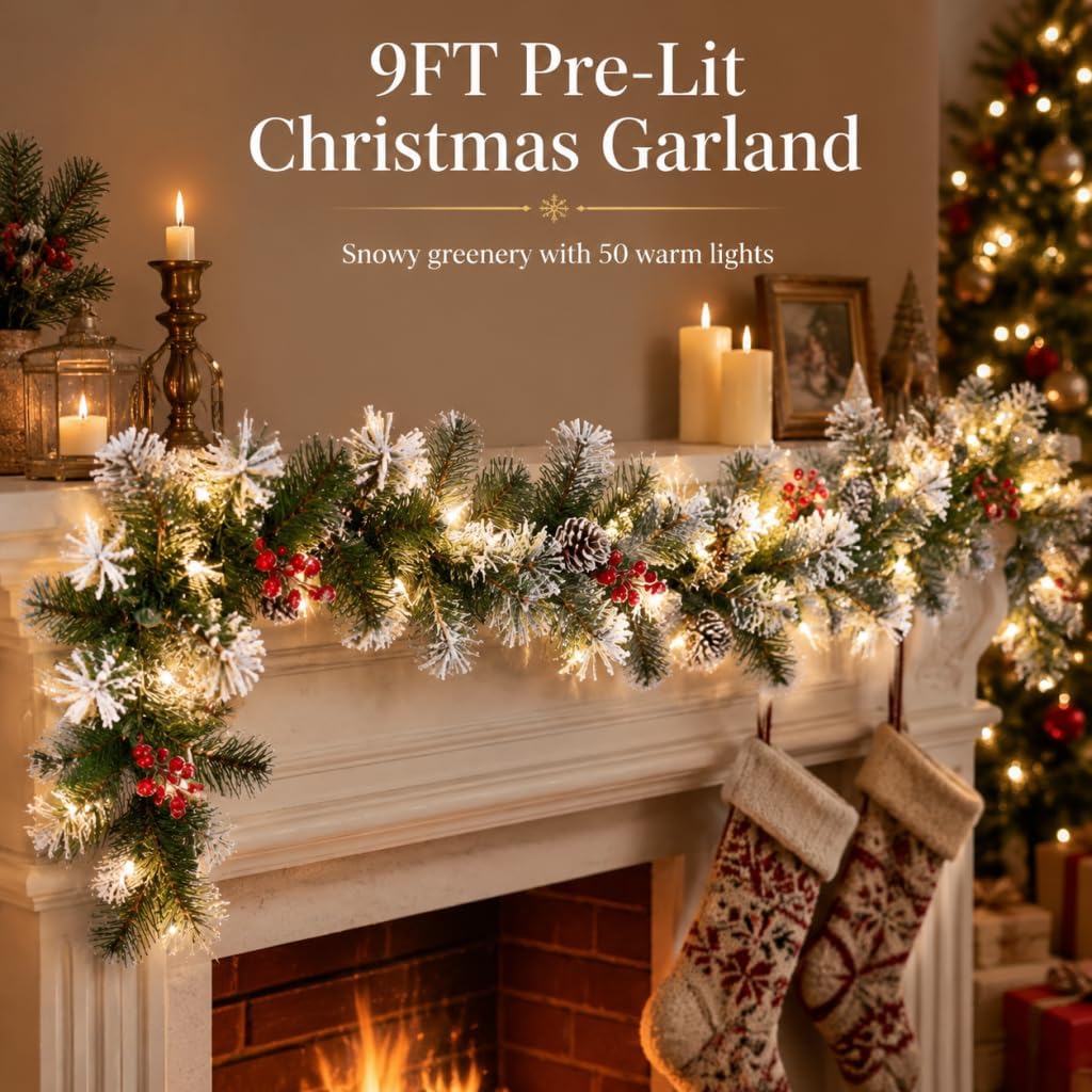 Pre-Lit Artificial Christmas Garland with 50 Lights, Plug in Garland Decorated with Pine Cones and Red Berries