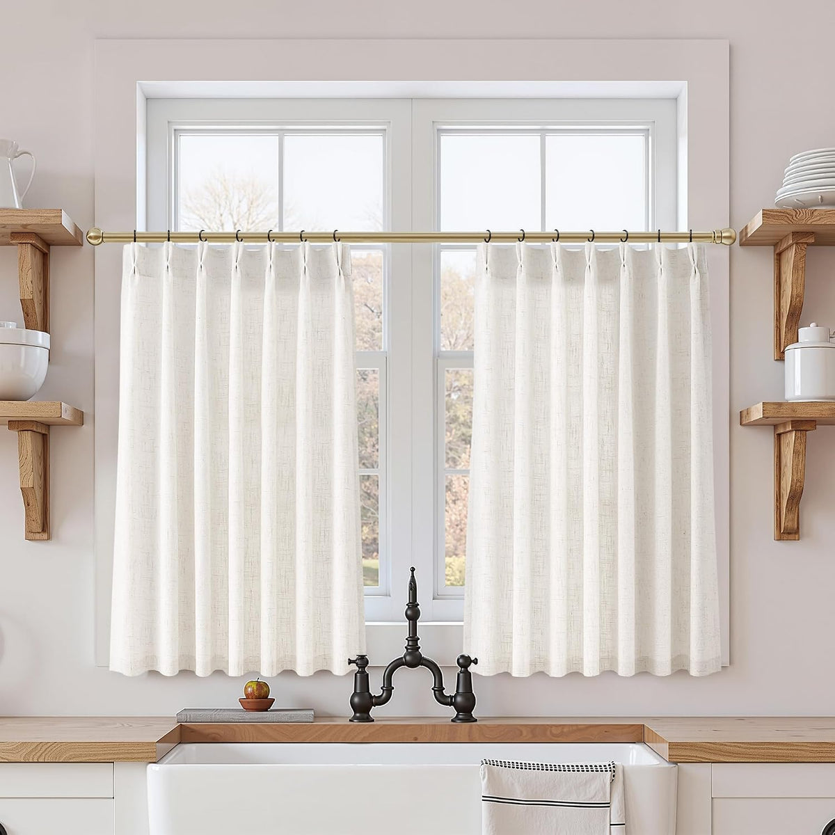 Natural Pleated Thick Linen Curtains (Set of 2 Panels)