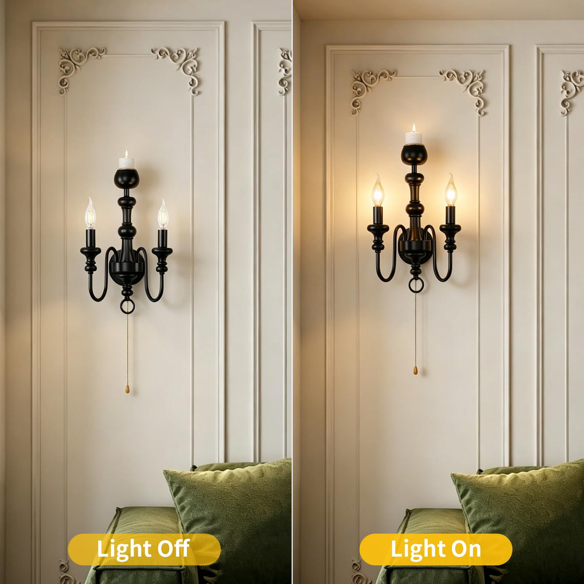 Matte Black Iron Double-Arm Wall Sconce, Retro Farmhouse Hardwired Lamp with Scented Candle Tray & Pull Switch Decor
