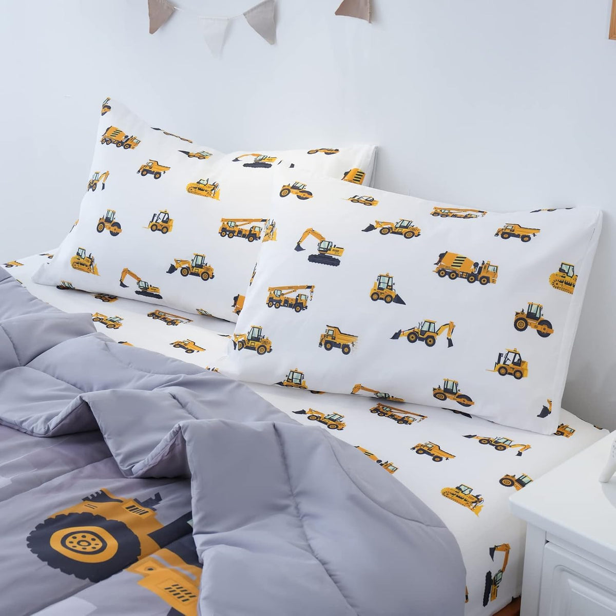 Twin Comforter Set for Boys, 4-Piece Bed in a Bag, 3D Construction Bedding Comforter Sheet Set, Ultra Soft and