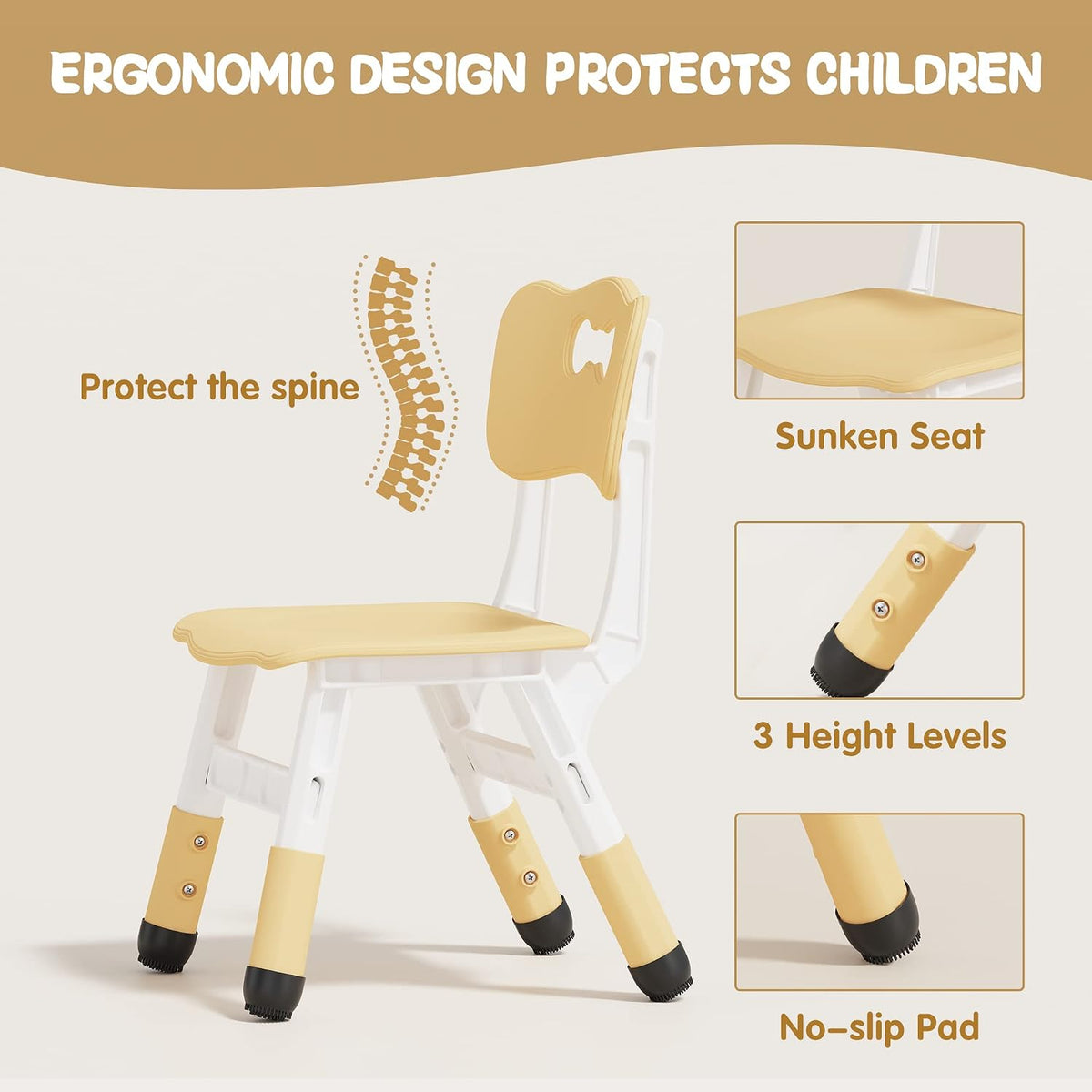 Height Adjustable Toddler Table and 2 Chairs Set, Beige