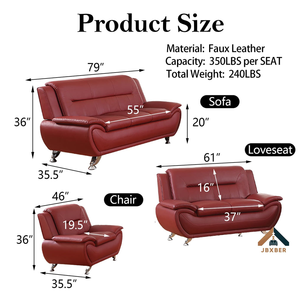 Living Room Furniture Set, Faux Leather Couch Sets, Modern Couch (Sofa and Loveseat, Red)