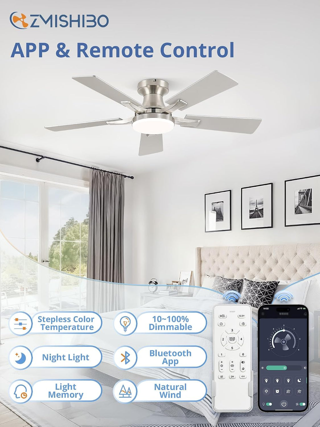42" Nickel Flush Mount Ceiling Fan with Light & Remote