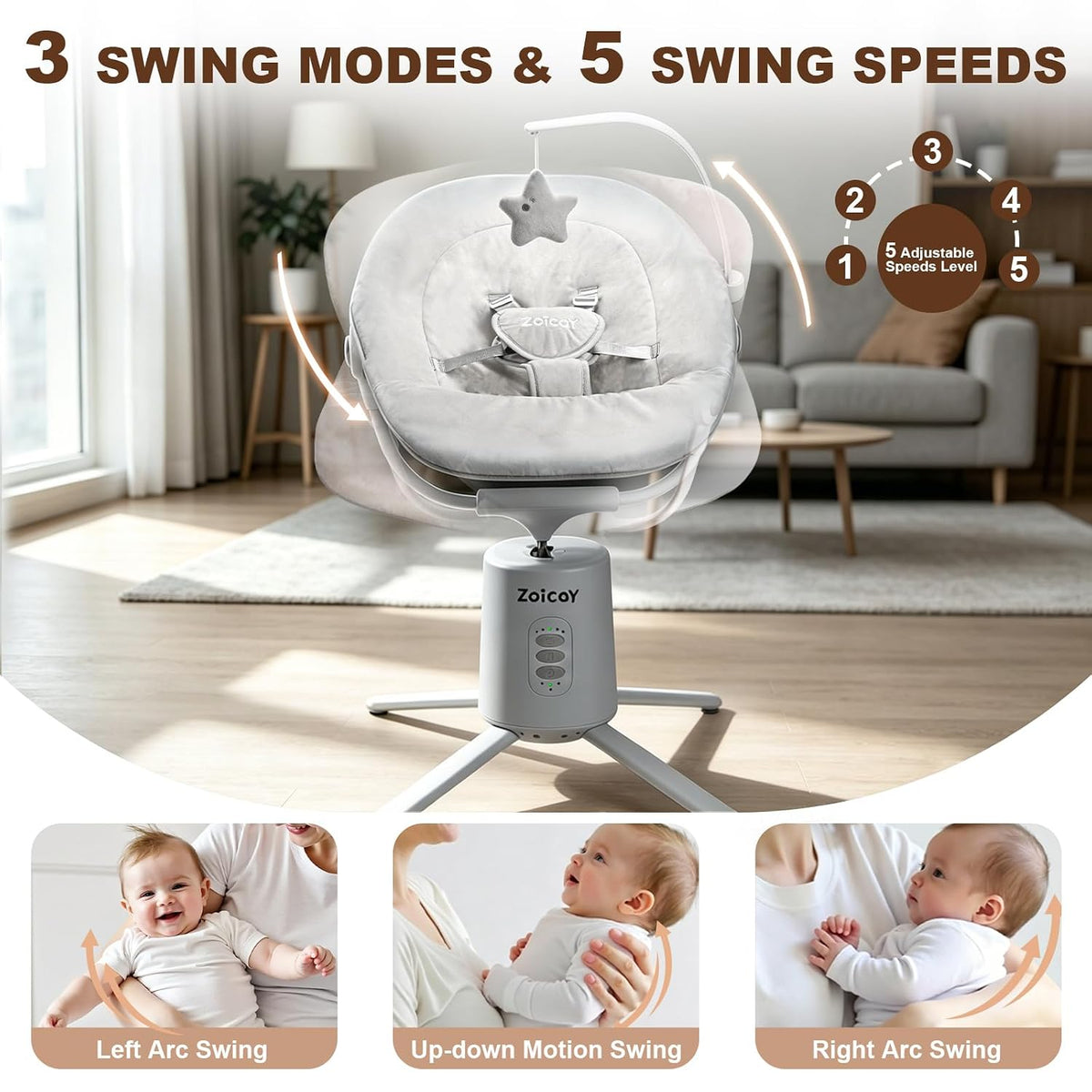 Swings for Infants with 3 Modes & 5 Speeds, BT App & Remote Control