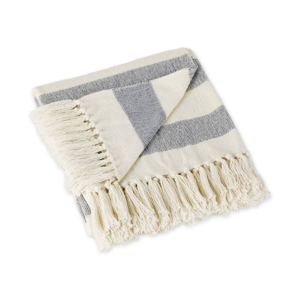 Rustic Farmhouse Cotton Cabana Striped Blanket Throw with Fringe, 50 x 60 - Cabana Striped Off-White with French Blue