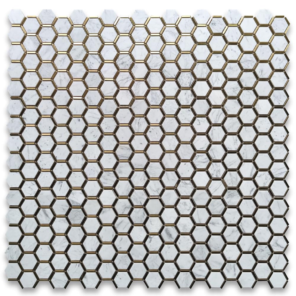 Carrara White Marble 2 inch Hexagon Mosaic Tile w/Brass Strips Polished Kitchen Bath Wall Floor Backsplash Shower (1