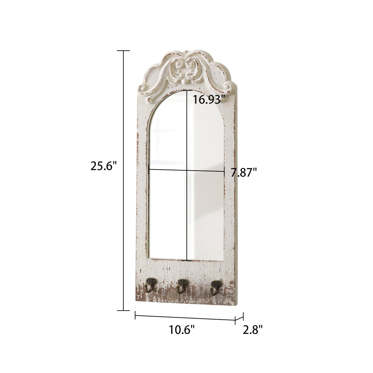 Farmhouse Entryway Mirror with 3 Hooks, 26 X 10 Inch