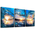 Canvas Wall Art Bedroom Office - Blue Sea View Sunrise Ocean Waves - 3 Piece Set - 16" X 24" Large Size