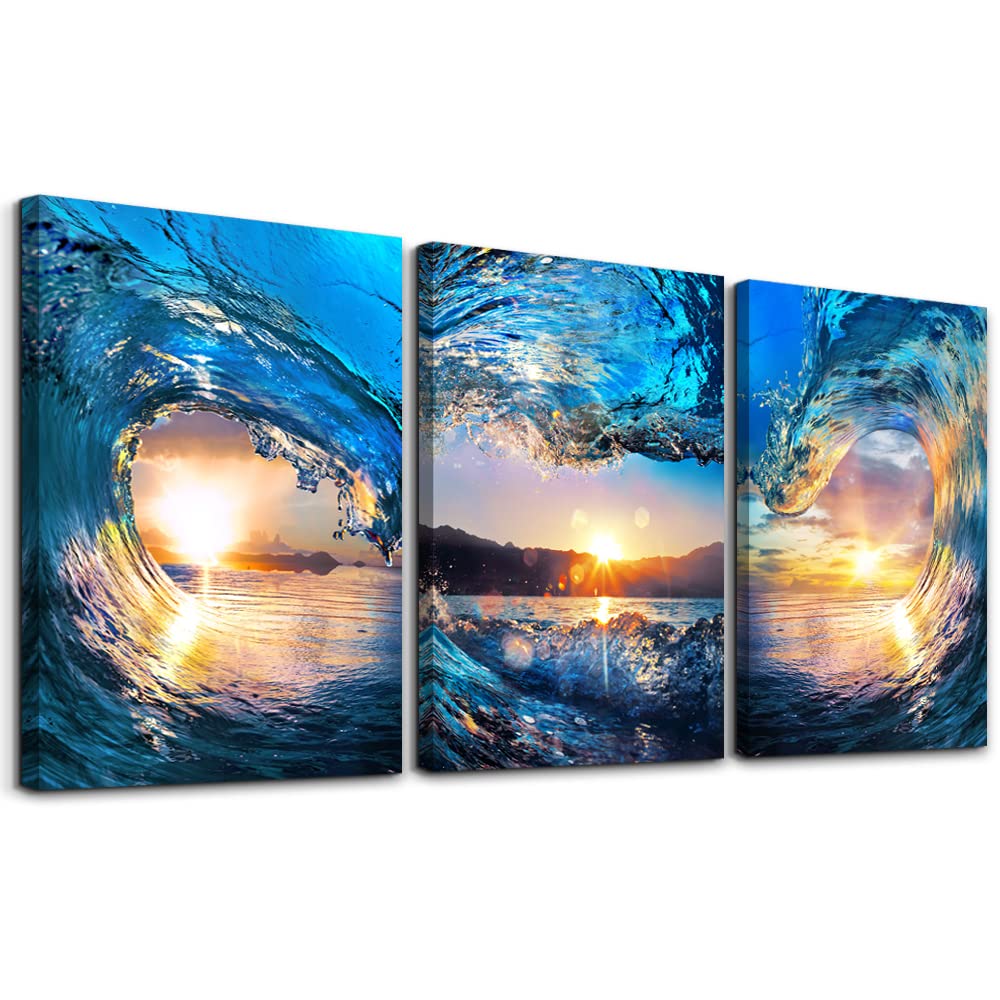 Canvas Wall Art Bedroom Office - Blue Sea View Sunrise Ocean Waves - 3 Piece Set - 16" X 24" Large Size