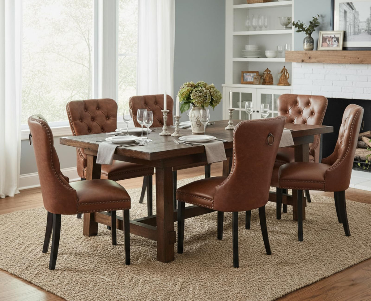 Brown Leather Dining Chairs Set of 2 Mid Century Modern Dining Room Chairs Tufted Upholstered Kitchen Dining Chairs