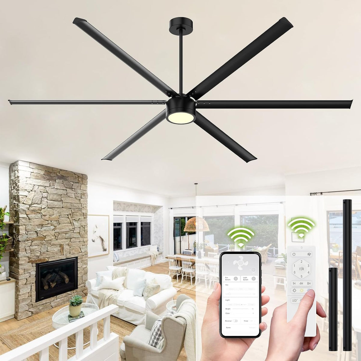 96" Black Indoor/Outdoor Ceiling Fan with Light & Remote