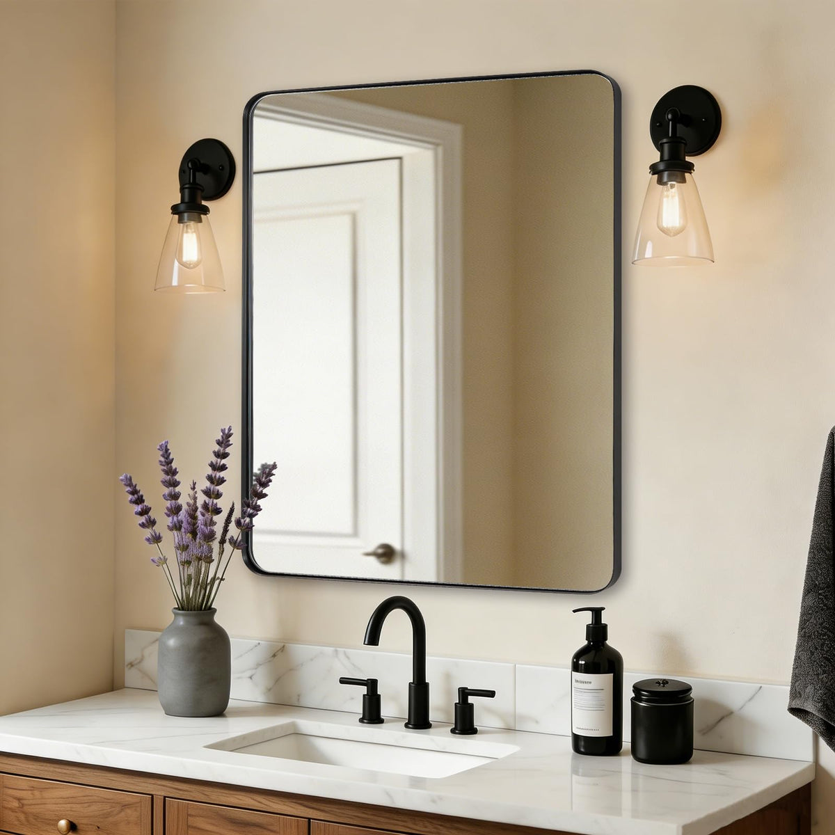 Wall Mirror, 30"x40" Black Bathroom Mirror, Modern Rounded Rectangle Metal Frame Mirror for Vanity, Matte Stainless