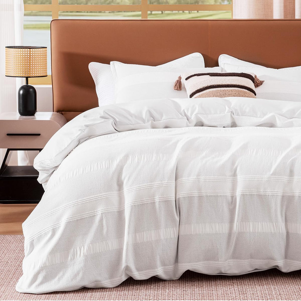Full Duvet Cover Set, Striped Jacquard Bedding, Light Gray