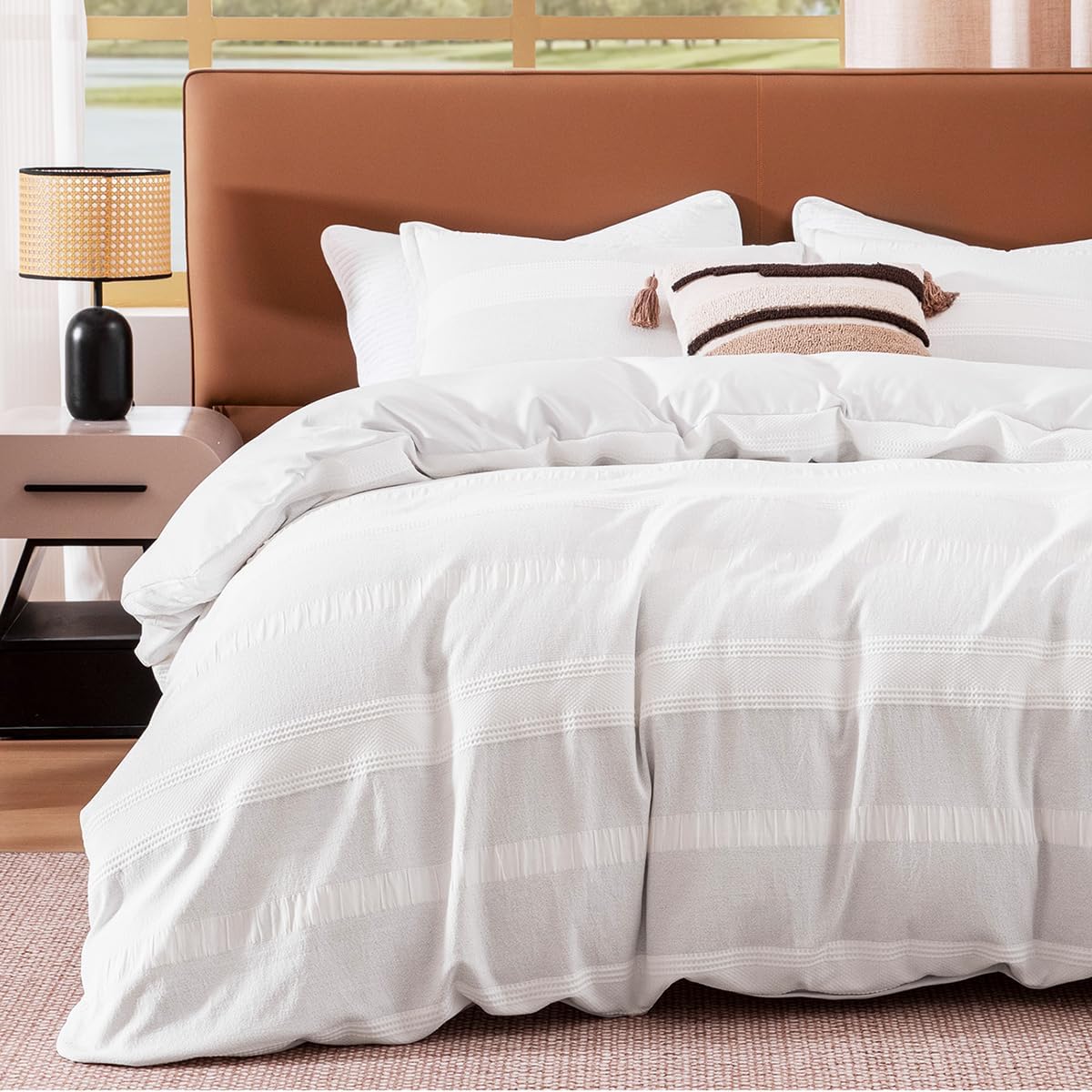 Full Duvet Cover Set, Striped Jacquard Bedding, Light Gray