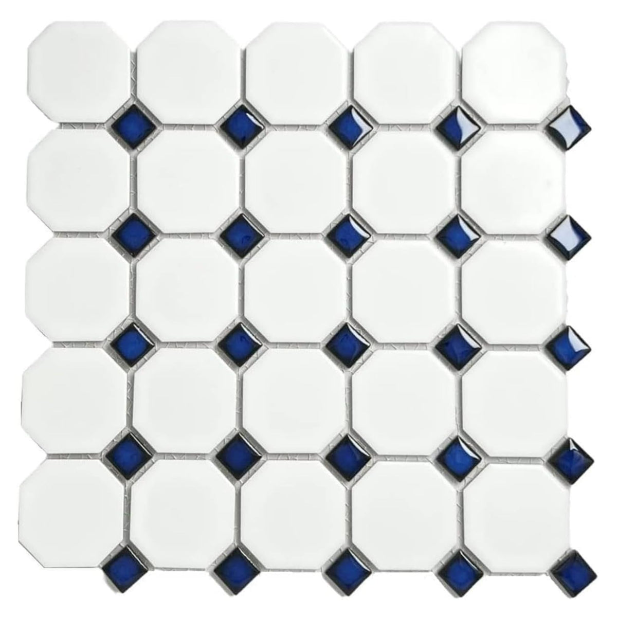 White Octagon Matte Porcelain Mosaic Tile with Blue Dots - 20 Sheets per Case for Floor, Wall, Backsplash, Bathroom