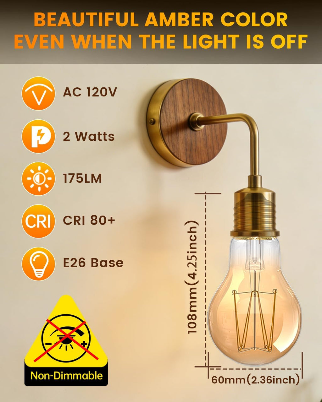 A60 Vintage LED Edison Light Bulbs 2W, 2000K E26 Warm Amber Light Bulb, Incandescent Light Bulbs 20 Watt