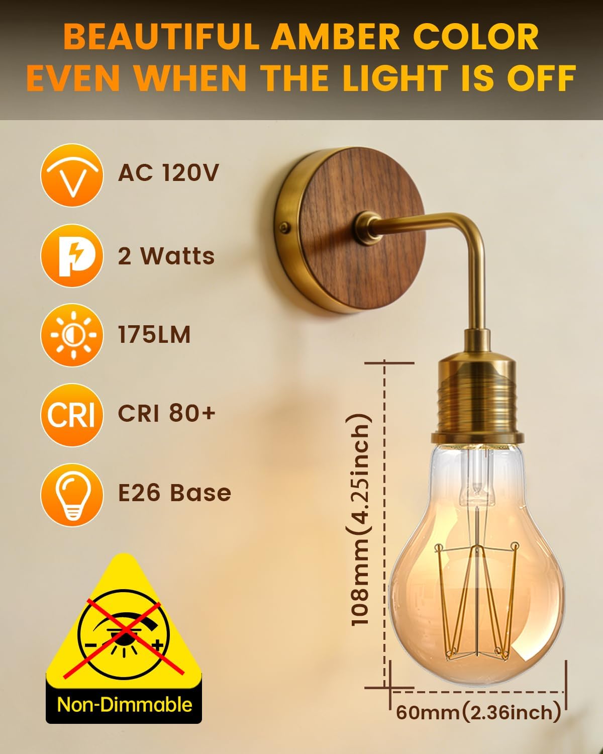 A60 Vintage LED Edison Light Bulbs 2W, 2000K E26 Warm Amber Light Bulb, Incandescent Light Bulbs 20 Watt