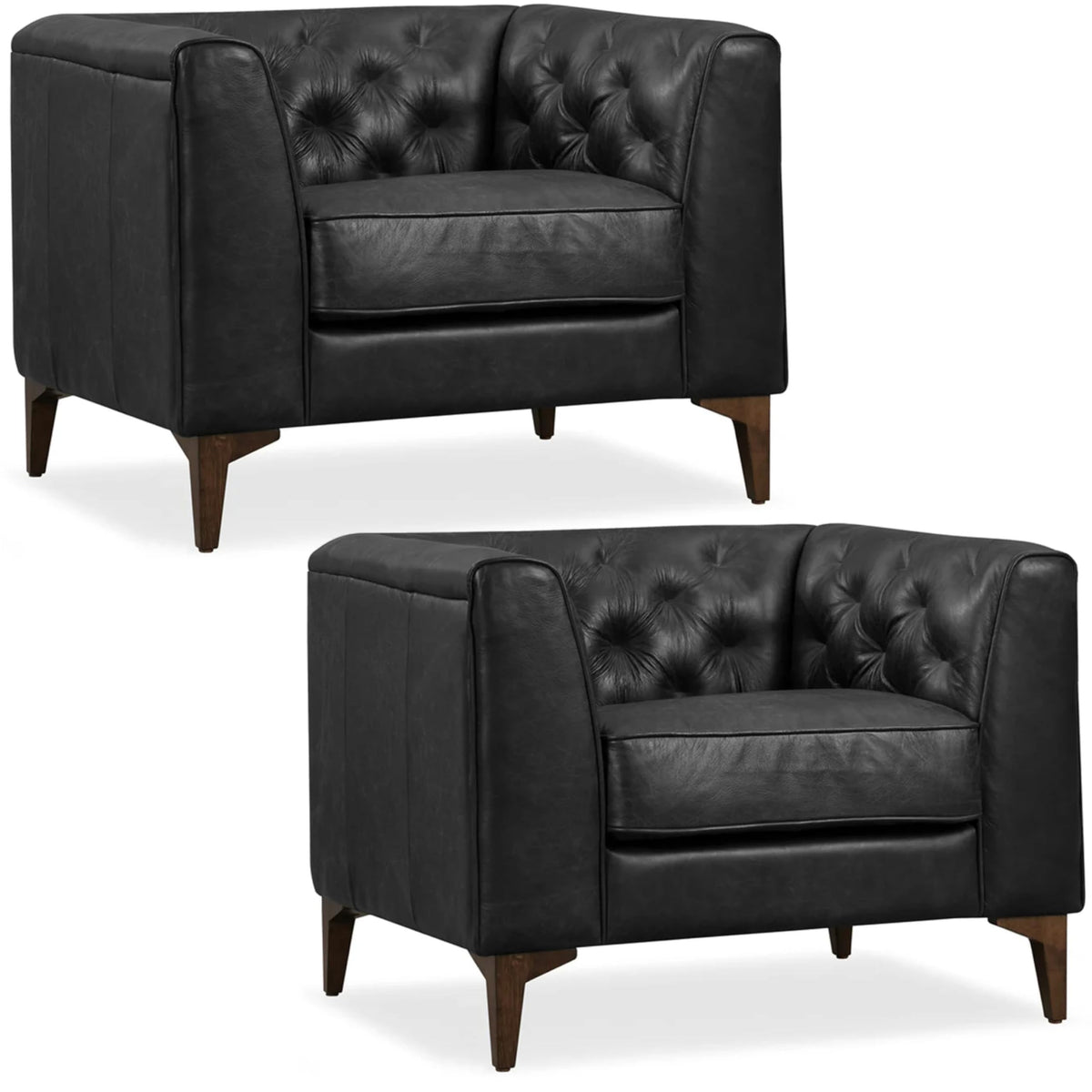 & BARK Essex 40" Lounge Chairs Set of 2 - Onyx Black Semi-Aniline Italian Leather, Tufted Back & Arms, Feather-Down