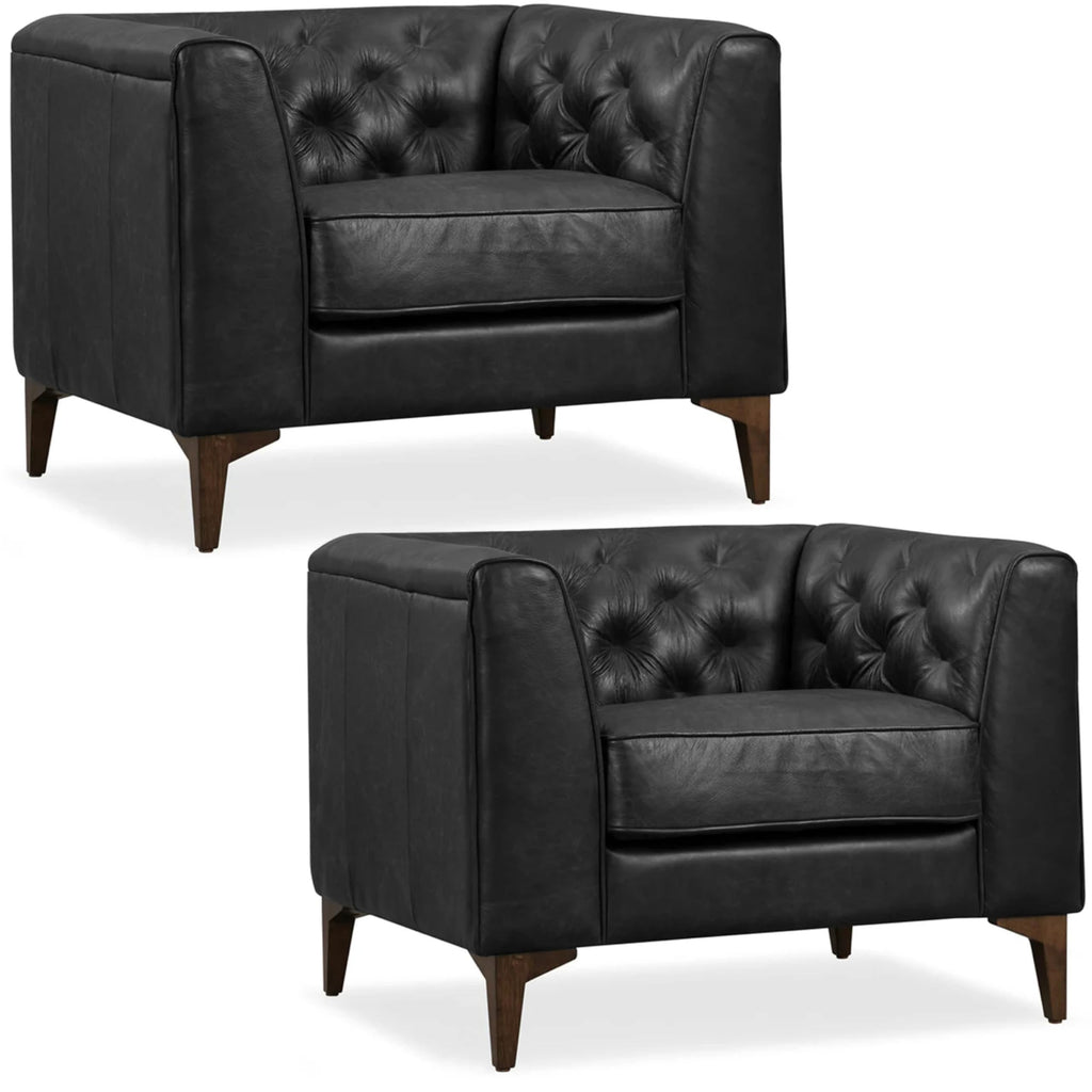 & BARK Essex 40" Lounge Chairs Set of 2 - Onyx Black Semi-Aniline Italian Leather, Tufted Back & Arms, Feather-Down