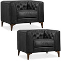 & BARK Essex 40" Lounge Chairs Set of 2 - Onyx Black Semi-Aniline Italian Leather, Tufted Back & Arms, Feather-Down