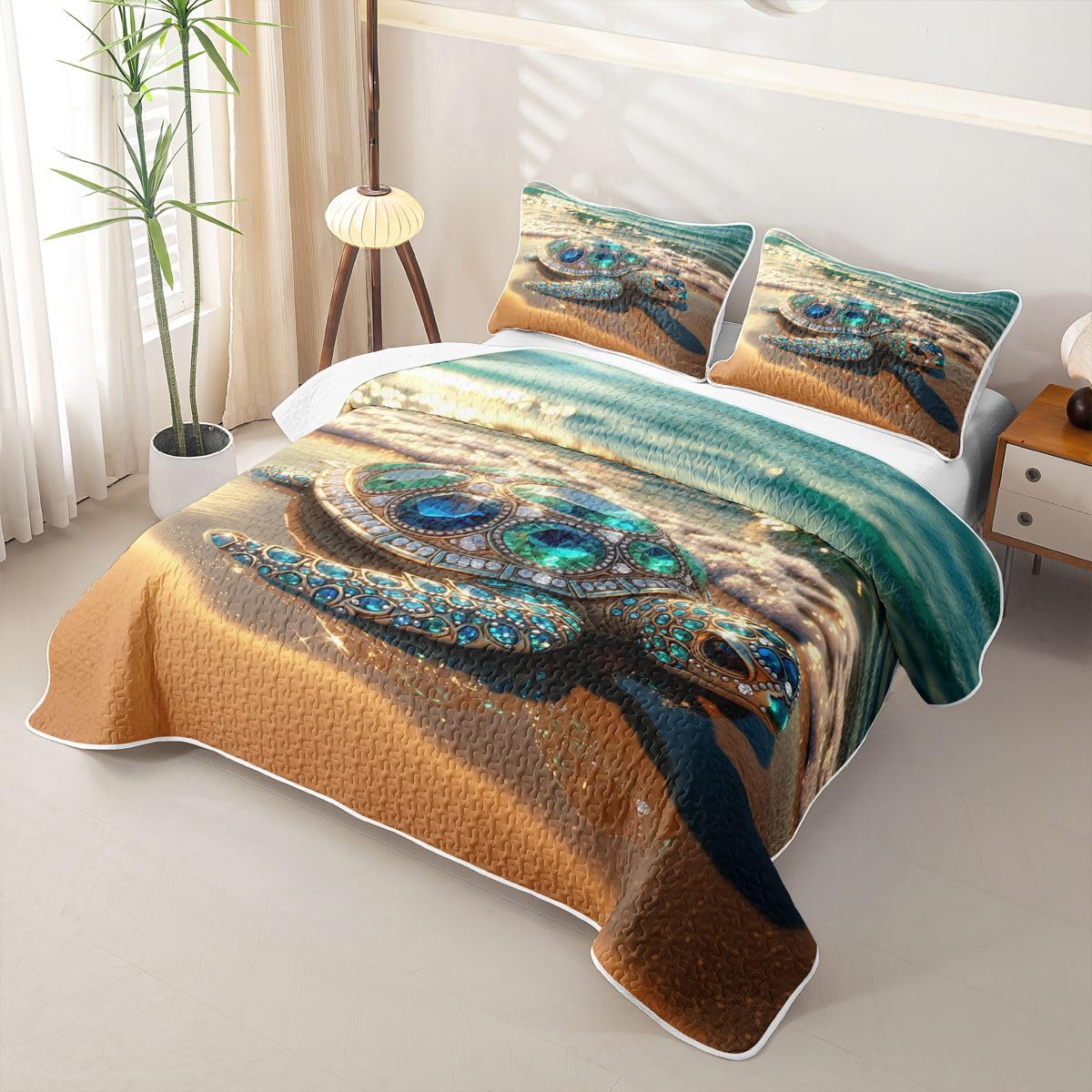 Sea Turtle Quilt for Women - Luxury Sparkling Gemstone Turtle Quilt Set Chic Coastal Beach Quilted Bedspread