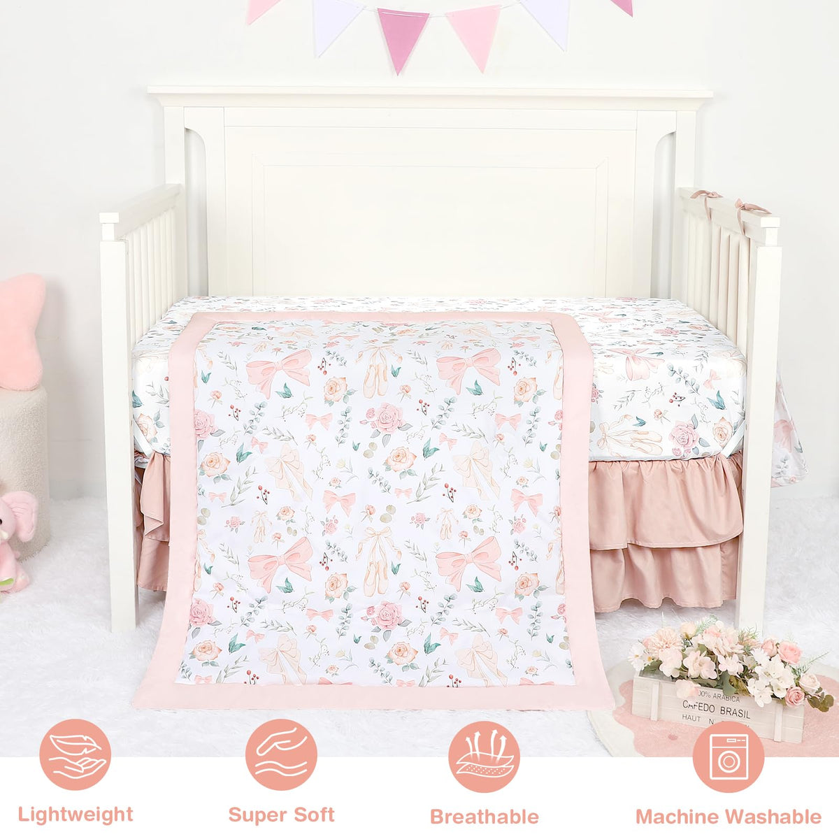 Crib Bedding Set for Girls 4-Piece, Bow Baby Girl Crib Bedding Set Pink Flowes, Nursery Sets Includes Comforter
