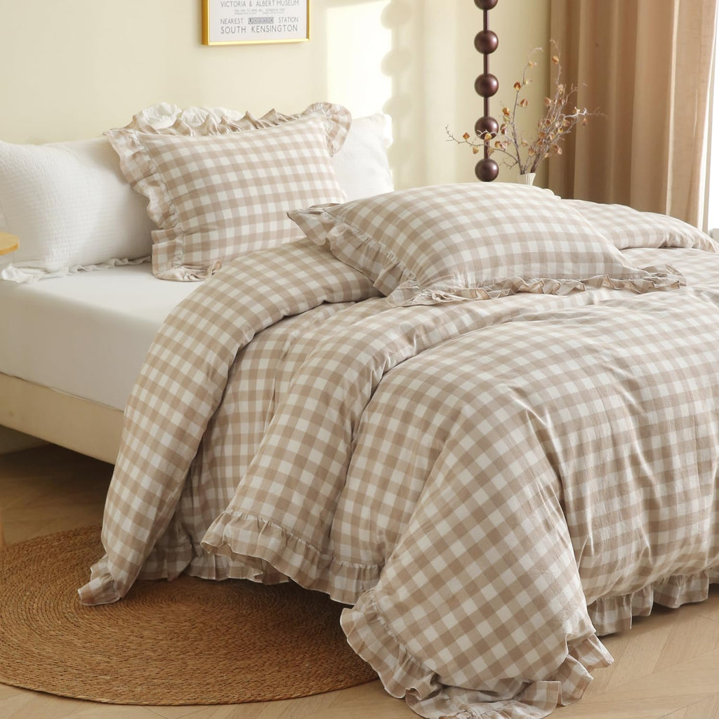 Tan Gingham Plaid Ruffle 3-Piece Duvet Cover Set
