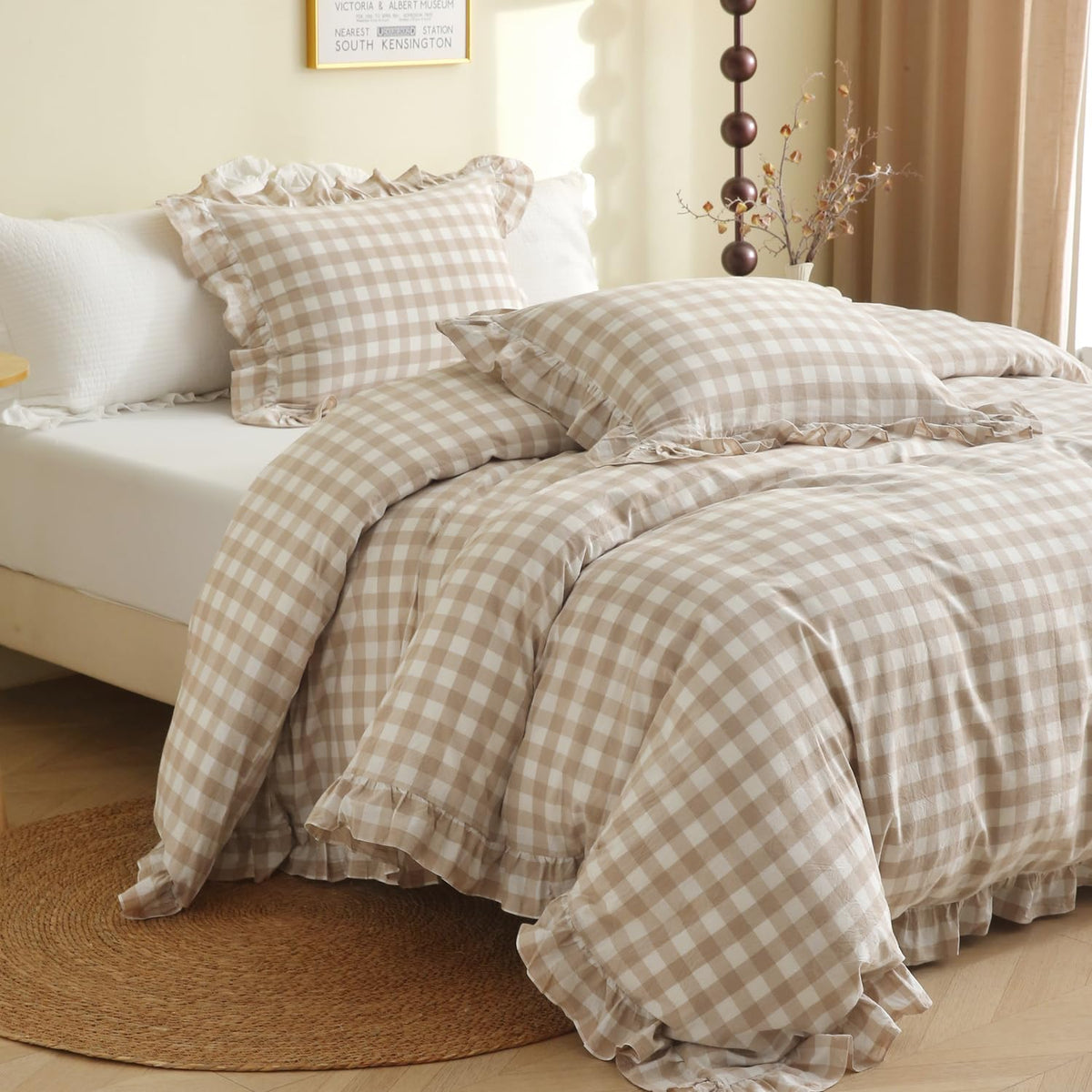 Tan Gingham Plaid Ruffle 3-Piece Duvet Cover Set