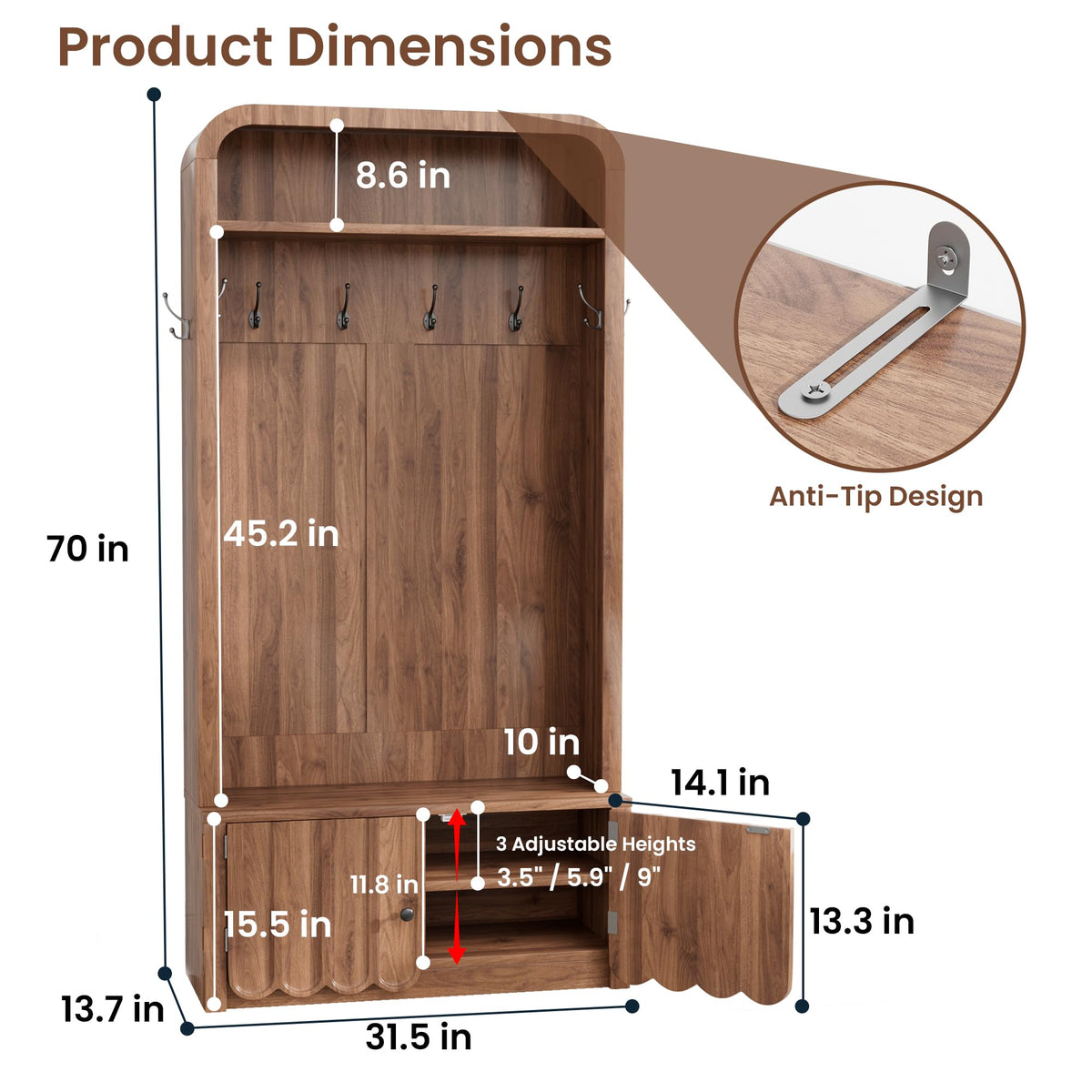Narrow Hall Tree with Bench and Shoe Storage, Arched Mudroom Bench with Storage and Hooks, Modern Rustic Entryway