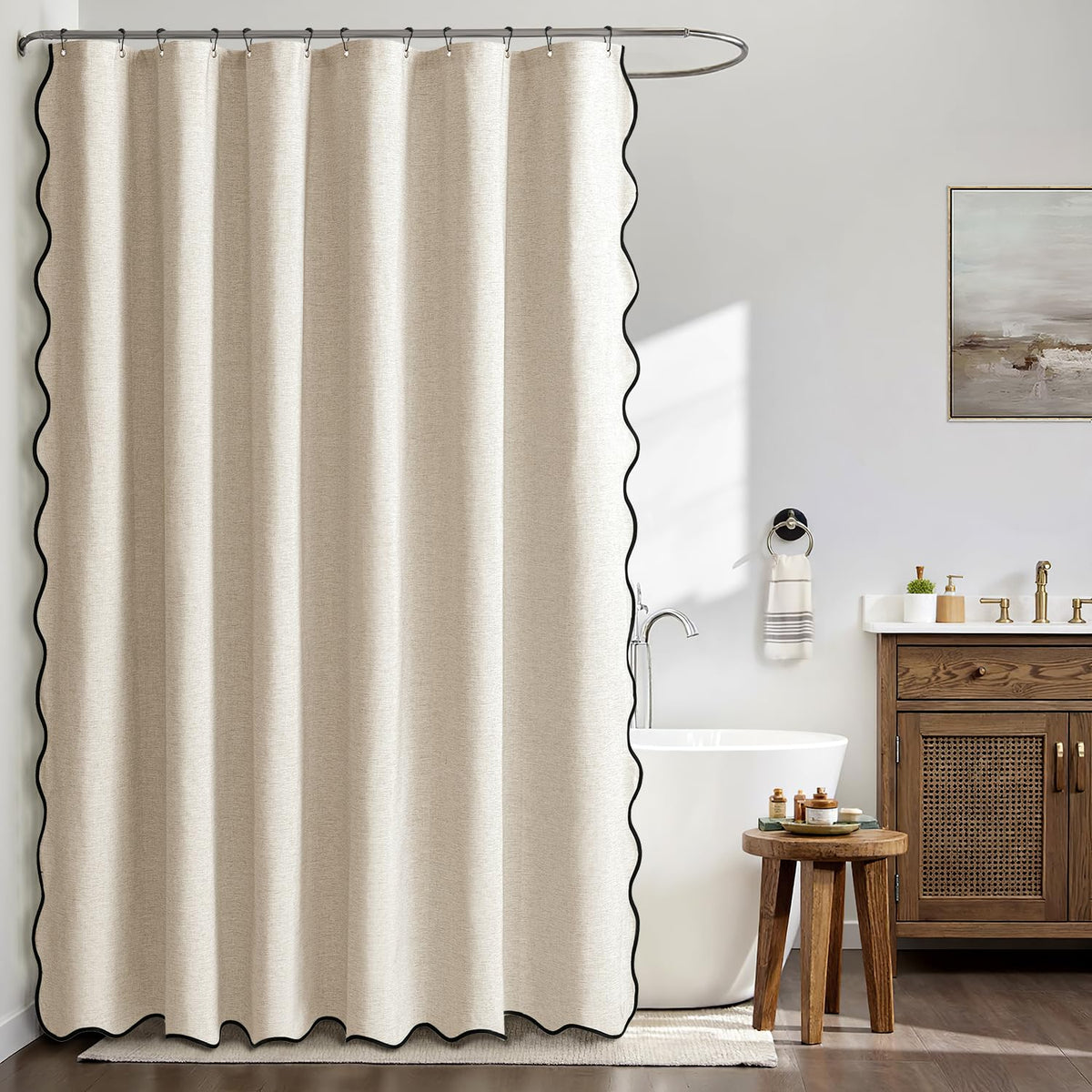 72"x96" Extra Long Scalloped Linen Shower Curtain Cream Beige