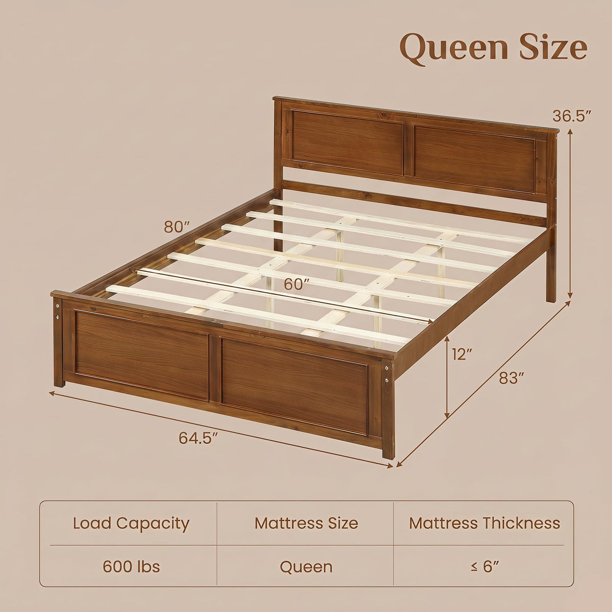 Queen Size Bed Frame, Farmhouse Wooden Platform Bed with Headboard