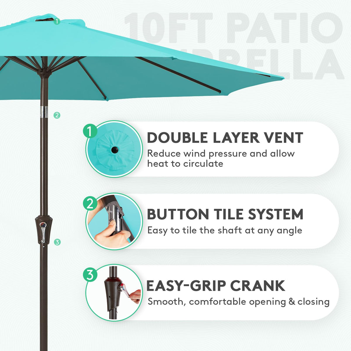 10FT Outdoor Patio Umbrella, Market Umbrella, Turquoise