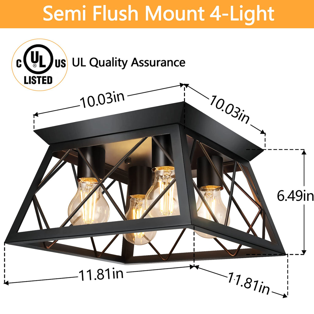 4-Light Black Flush Mount Ceiling Light Hallway, Industrial Close to Ceiling Lighting, Farmhouse Square Cage Lamp