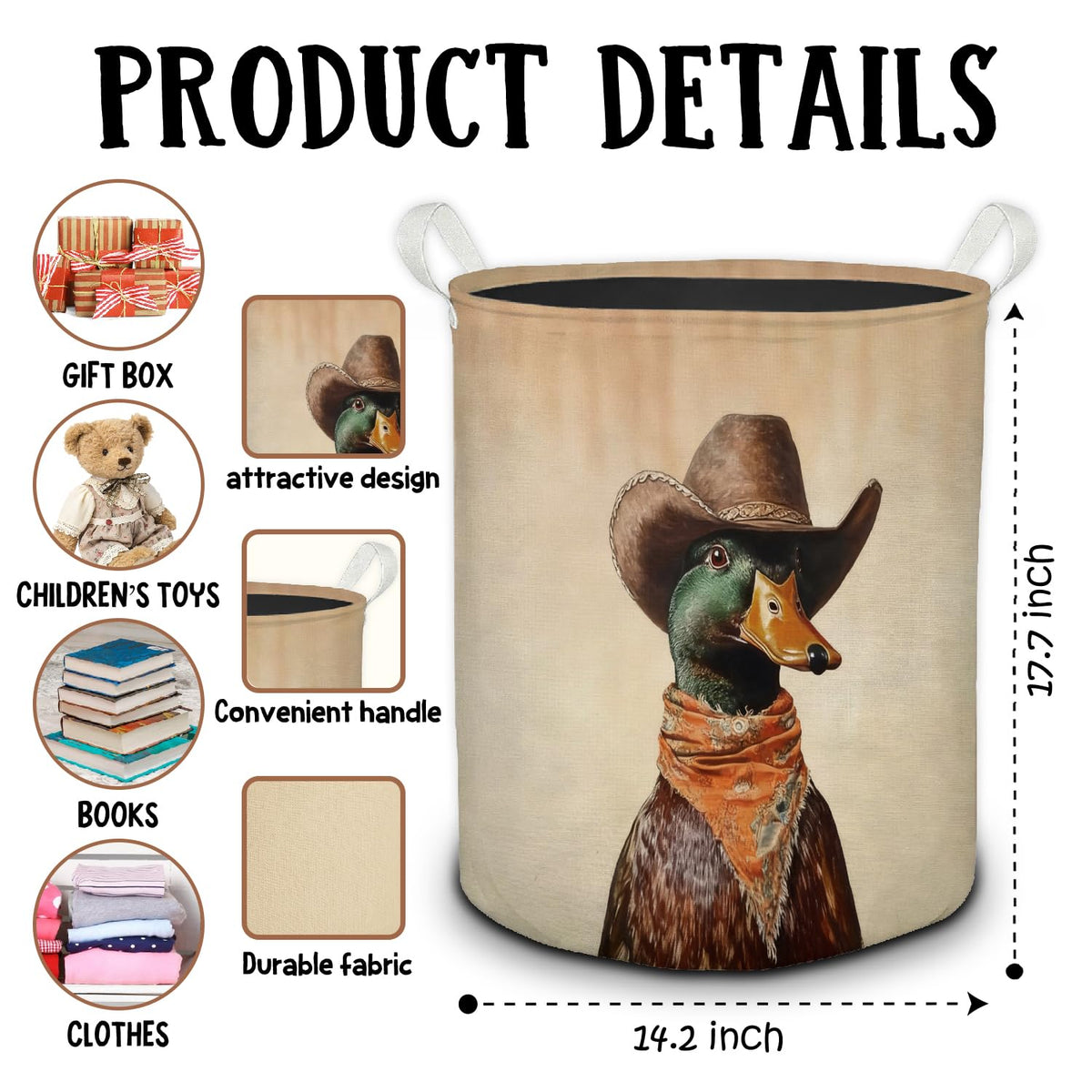 Cowboy Mallard Duck Western Laundry Basket, Rustic Vintage Cowboy Hat Mallard Duck Foldable Laundry Hamper With