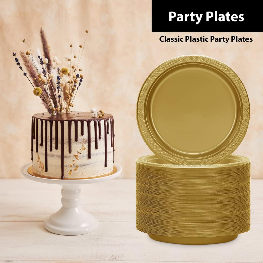 50 Count Plastic Plate, 10-Inch, Gold