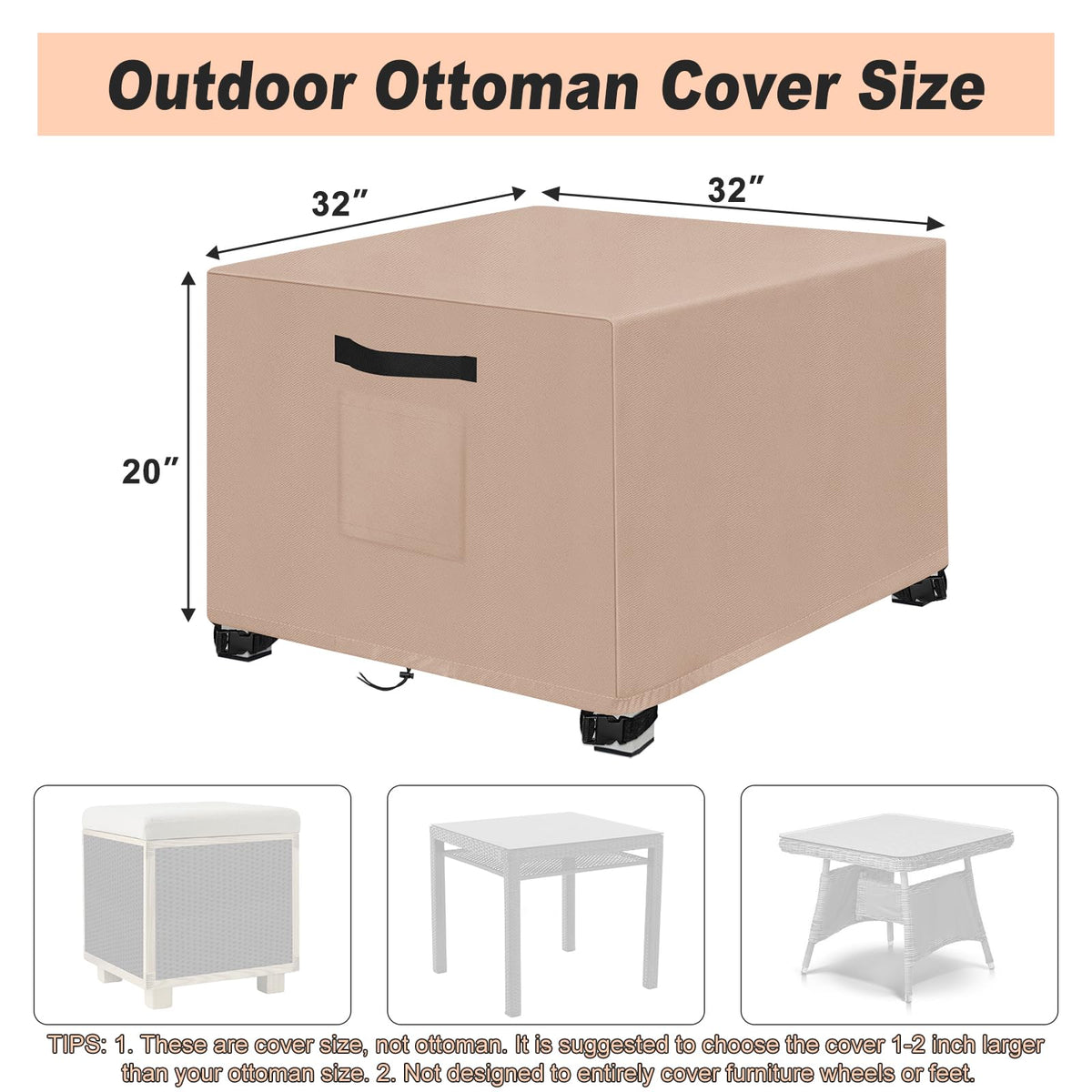 2PCS 32"L x 32"W x 20"H Outdoor Patio Ottoman Cover, 600D Heavy Duty