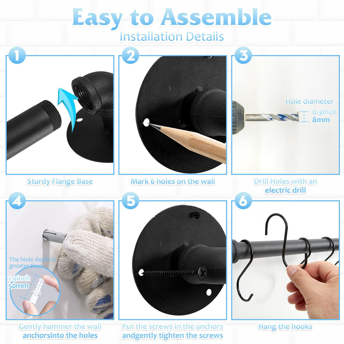 32 inch Pot Rack Wall Mounted Pan Hangers, Industrial Pipe Utensils Hanging Rail Iron Detachable Storage Organizer