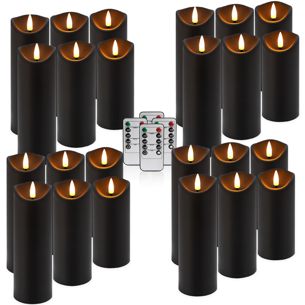 Realistic Flameless LED Candle Black Set of 24, Battery Operated with Remote Control, 3D Flame Pillar Timer Funtion