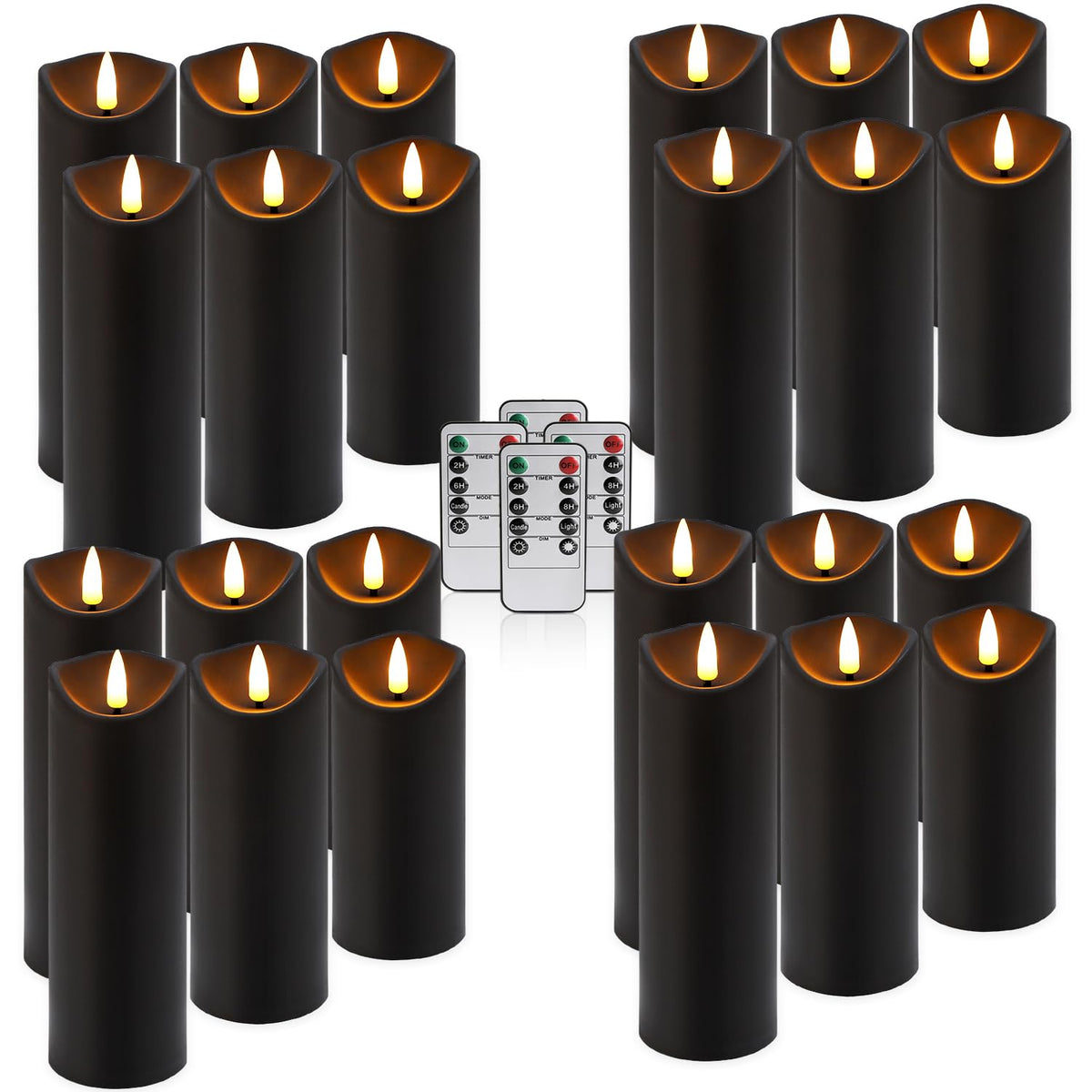 Realistic Flameless LED Candle Black Set of 24, Battery Operated with Remote Control, 3D Flame Pillar Timer Funtion