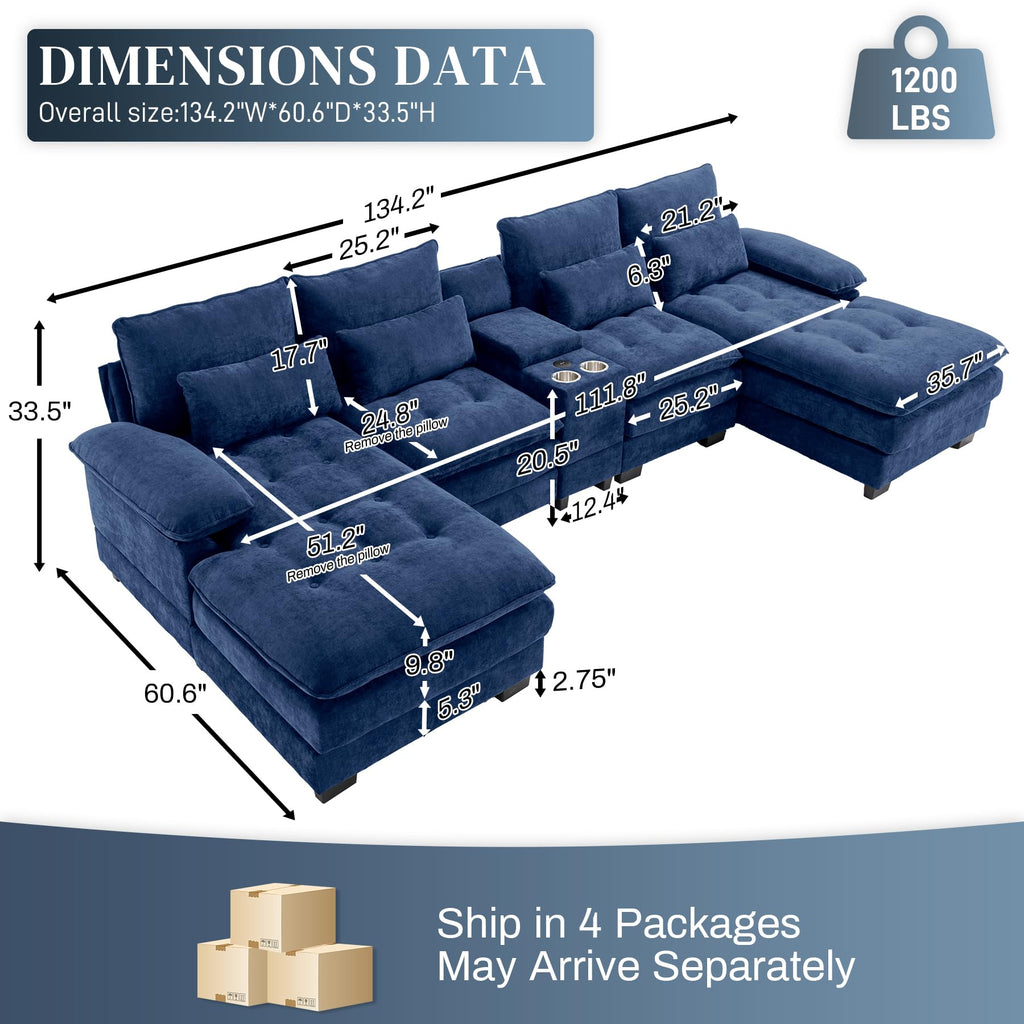 134" Oversized U-Shaped Sectional Couches, Blue