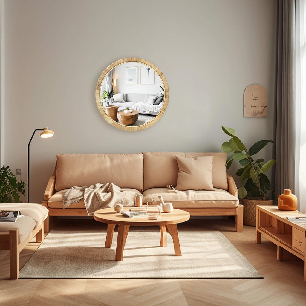 Rattan Bathroom Mirror, Rattan Mirrors for Wall, 28inch Round Mirror Boho Frame Farmhouse Bedroom Checkroom