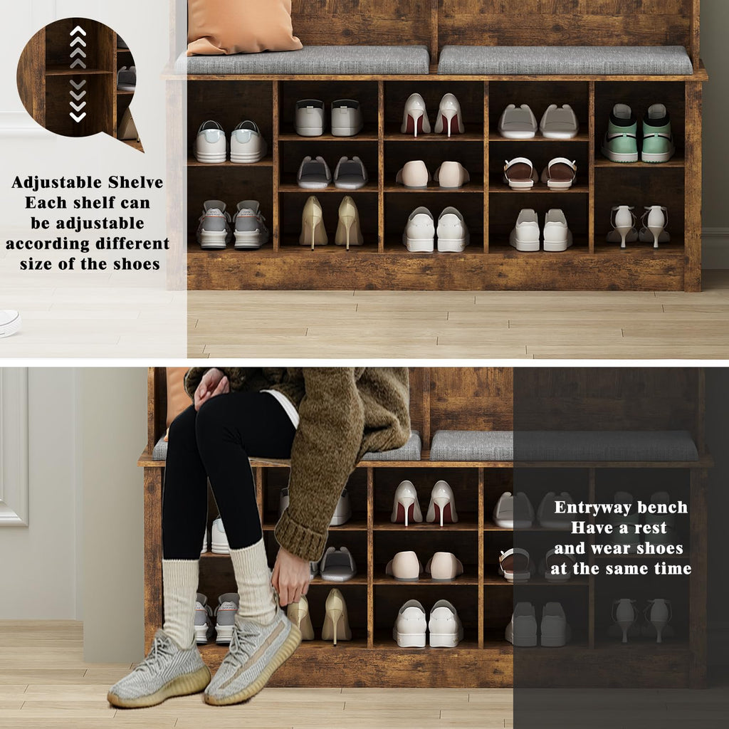 Hall Tree with Bench and Shoe Storage, 53" Farmhouse 4-in-1 Mudroom Storage Organizer with Coat Rack, 6 Hooks, 12