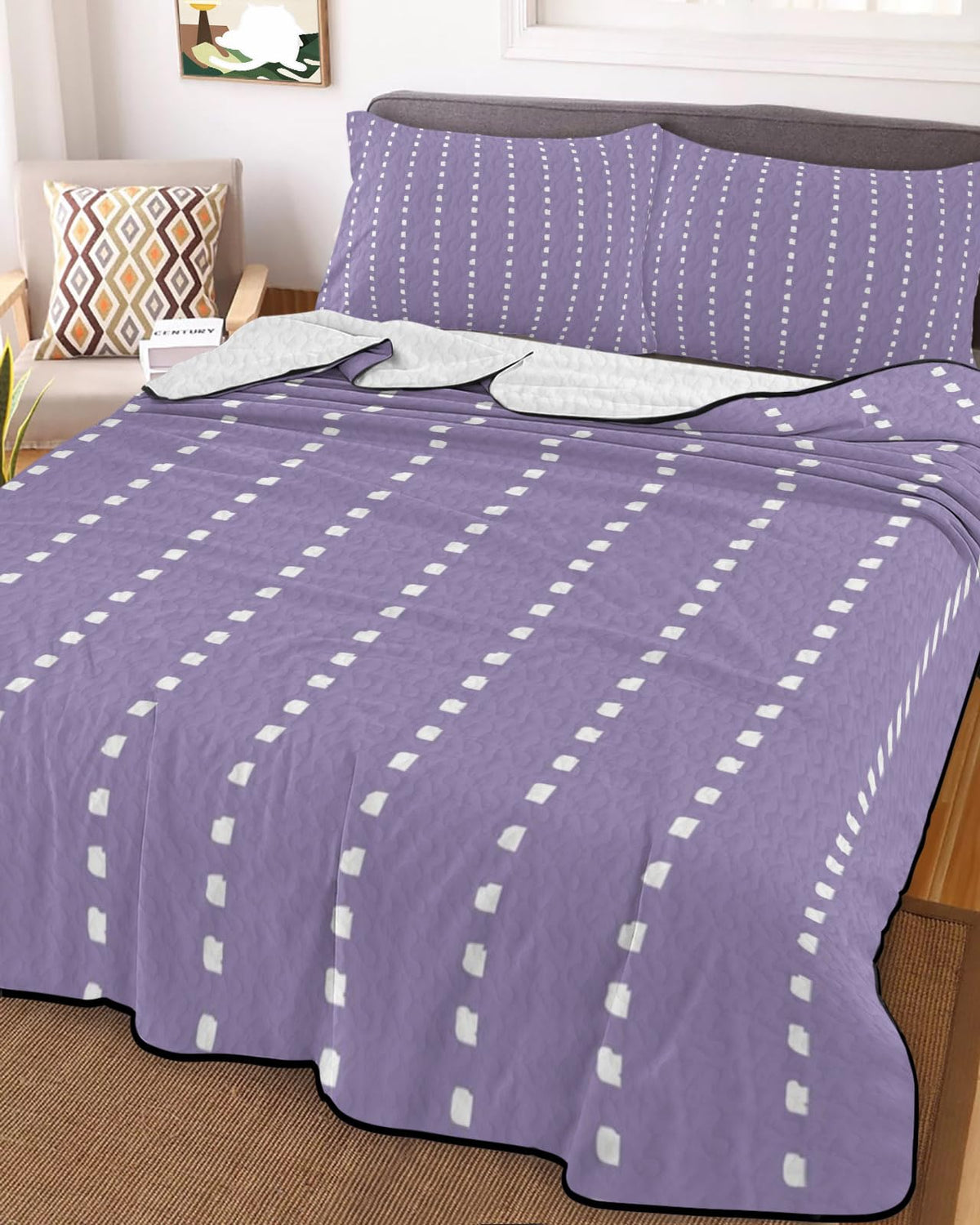 Lilac Ticking Quilt Set 3 Pieces Quilted Bedspread- Soft, Pastel Dreamy Undertone Lightweight Quilt with