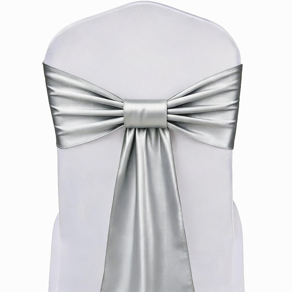50 Pack Silver Chair Sashes Bows for Wedding, Satin Chair Ribbons, 7x108 in