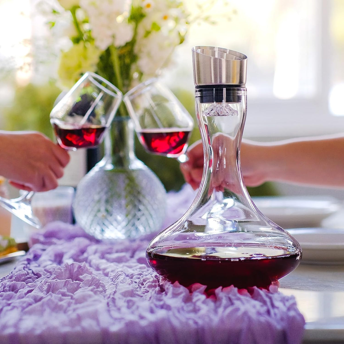Hand Blown Wine Decanter with Aerator, 1300ml/44oz Red Wine Decanter, Crystal Wine Carafe with Stainless Steel Pour