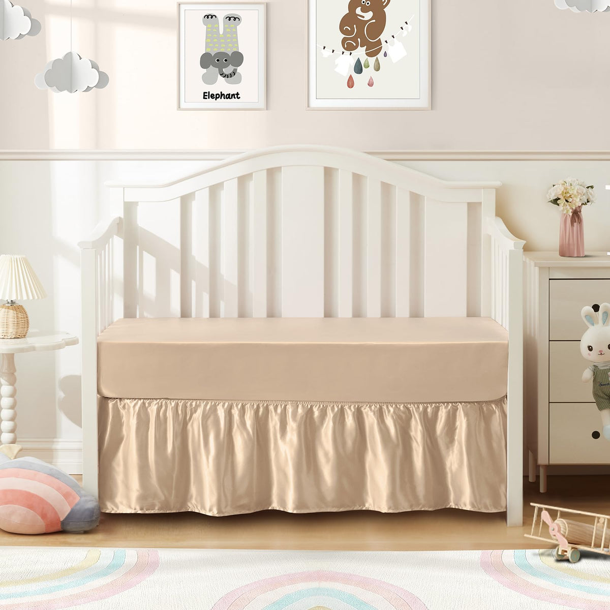 2-Piece Set Satin Crib Sheets & Crib Bed Skirt, Beige