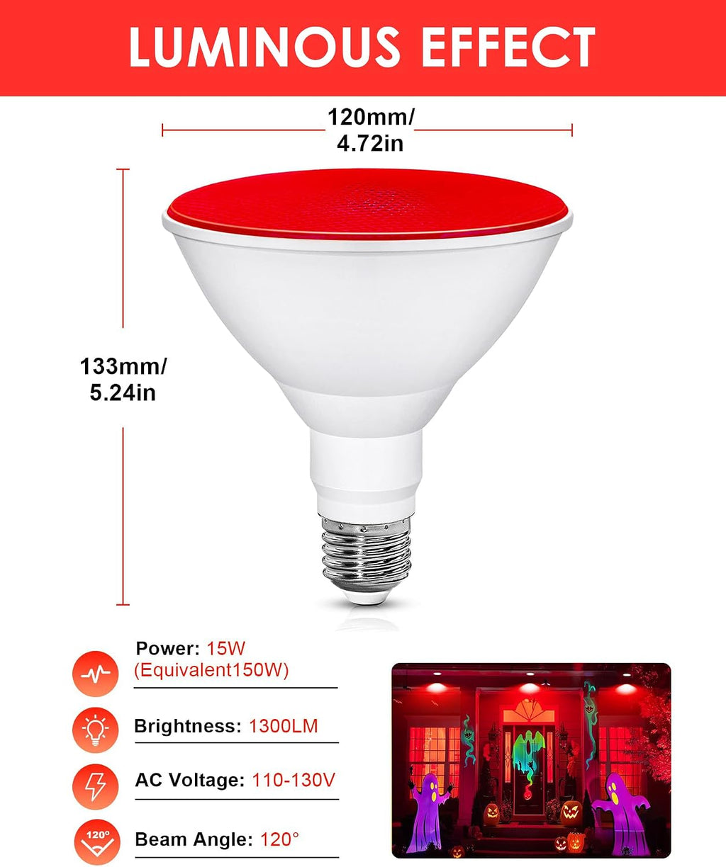 Par38 Red LED Flood Light Bulbs Outdoor, 120V 150W Equivalent 15W, E26 Base
